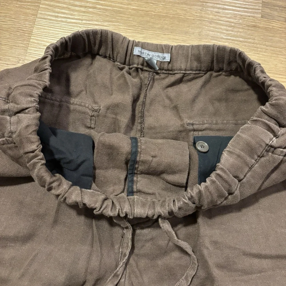 Martin Gordon Pants Mens L Brown 100% Linen Wide Leg Relaxed Trousers Drawstring